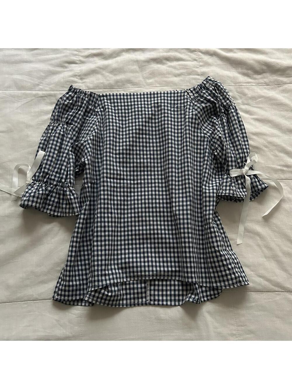 Mars Navy Blue White Gingham Off Shoulder Blouse Ribbon Bow Bell Sleeves Small